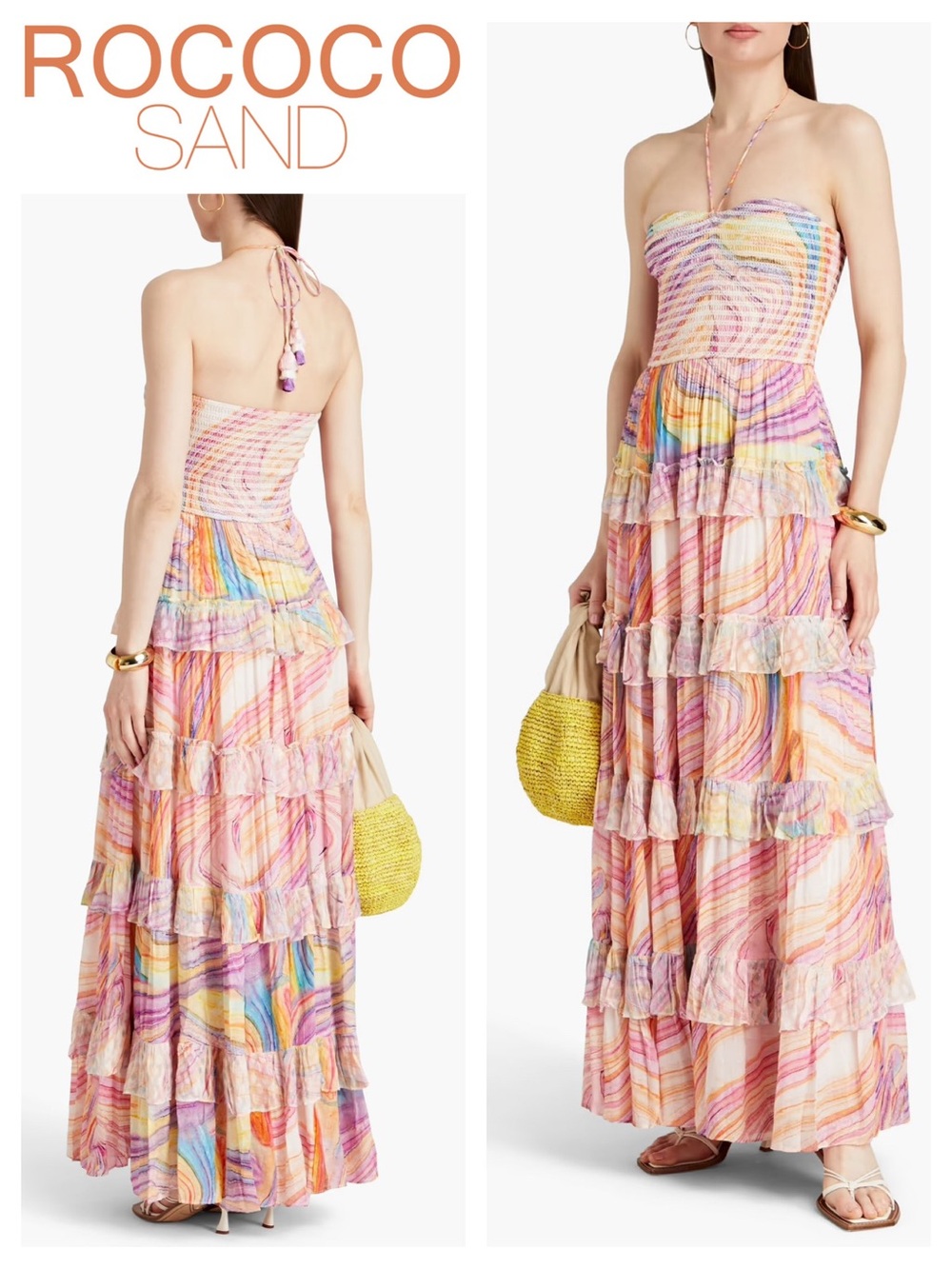 ROCOCO SAND Printed Halter-Neck Tiered Ruffle-Trim Maxi Dress